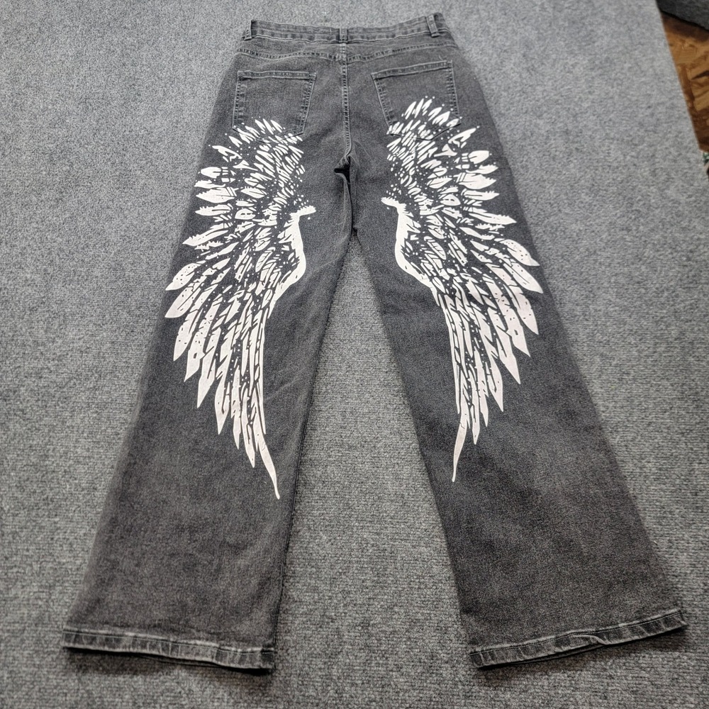 Bamboo Jeans Washed Black Wide Leg Angel Wing Graphic Print Jeans Size 11 Y2K‎